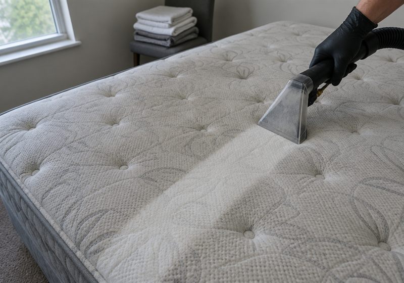Mattress being deep-cleaned with an upholstery extraction tool